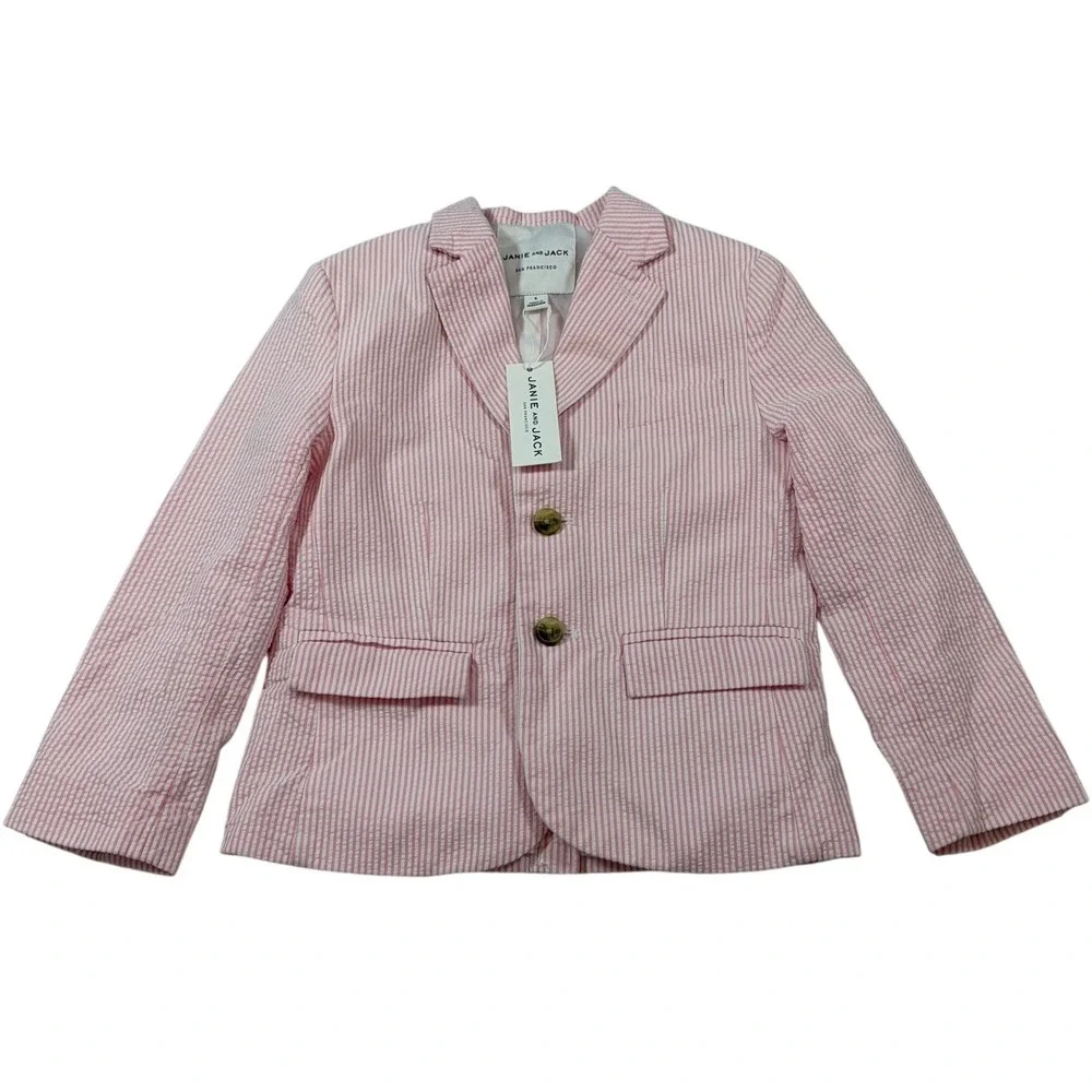 Janie and Jack Boys Pink White Seersucker Blazer Jacket Size 5 NWT‎ Formal